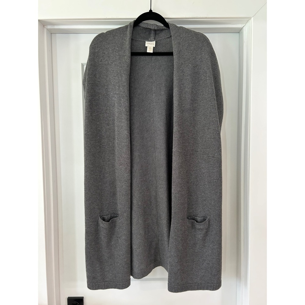 Chicos Gray Open Front Longline Sweater Vest Sleeveless Cardigan Size 2 Large